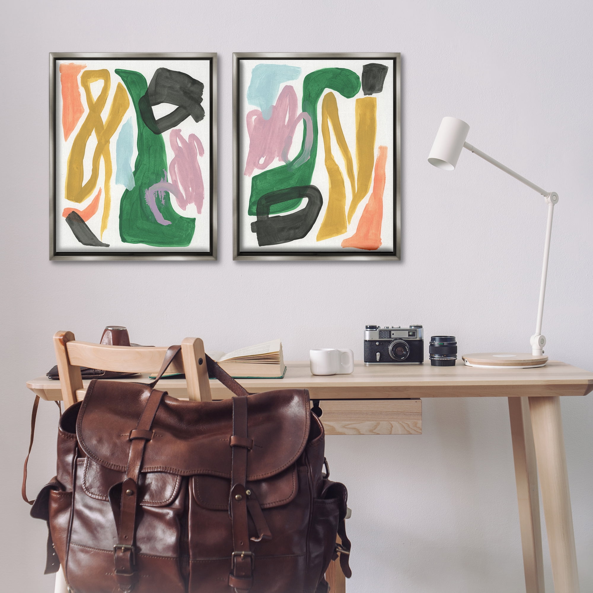 Stupell Industries Funky Abstract Squiggles Abstract Painting Gray Floater Framed Canvas Art Print Wall Art, 31 x 25, Set of 2