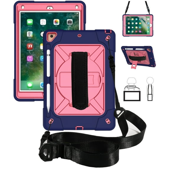 iPad Air 2 Case,iPad Pro 9.7 Case,Hybrid Shockproof Rugged Heavy Duty Full-Body Drop Protection Stand Kids Case with Shoulder Strap for iPad 6 / iPad Pro 9.7,Blue Rose