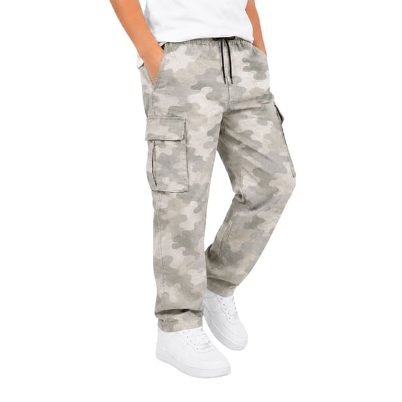uvwlwu Boys Camo Print Cargo Pants Drawstring Elastic Waist Casual Long Trousers with Multi Cargo Pockets Loose Fit for Daily Outdoor Play Fall,7-8 Years