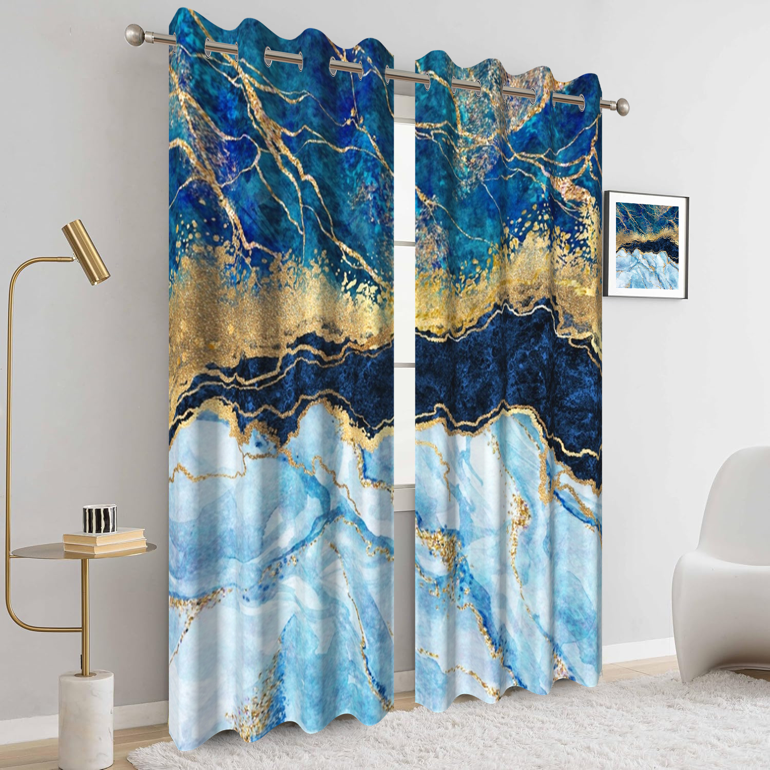 2 Panels Blue Marble Blackout Curtain for Bedroom,Abstract Blue Gold Grommet Drapes for Living Room,52x84 Inch