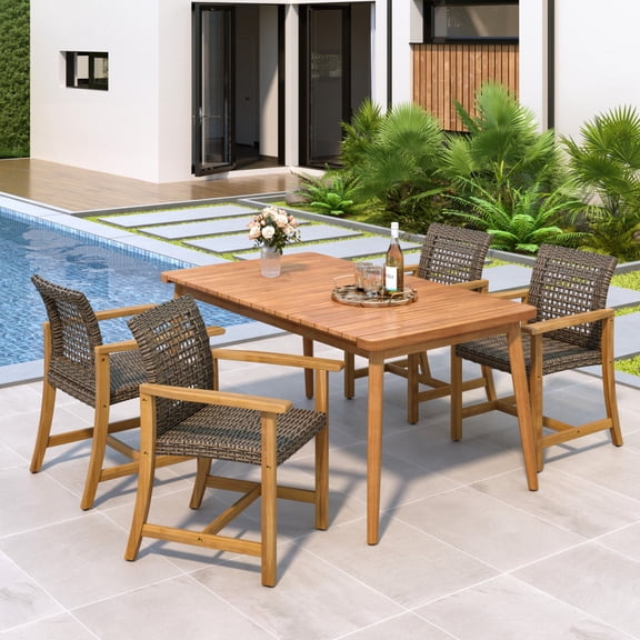 5-Piece Outdoor Dining Set with 63-Inch Acacia Wood Table and 4 PE Rattan Chairs for Patio Garden Backyard Seating Furniture
