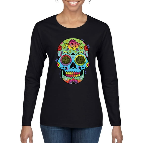Wild Bobby, Colorful Floral Sugar Skull Streetwear Womens Graphic Long Sleeve T-Shirt, Black, Small