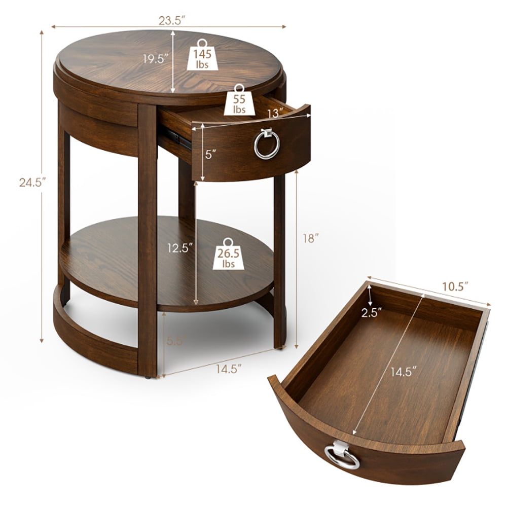 Finihen End Side Table, Sofa Side Table, Bed Side Table, 2-Tier Elliptical End Table with Drawer, for Living Room, Bedroom, Brown Finihen End Side Table, Sofa Side Table, Bed Side Table, 2-Tier Elliptical End Table with Drawer, for Living Room, Bedroom, Brown