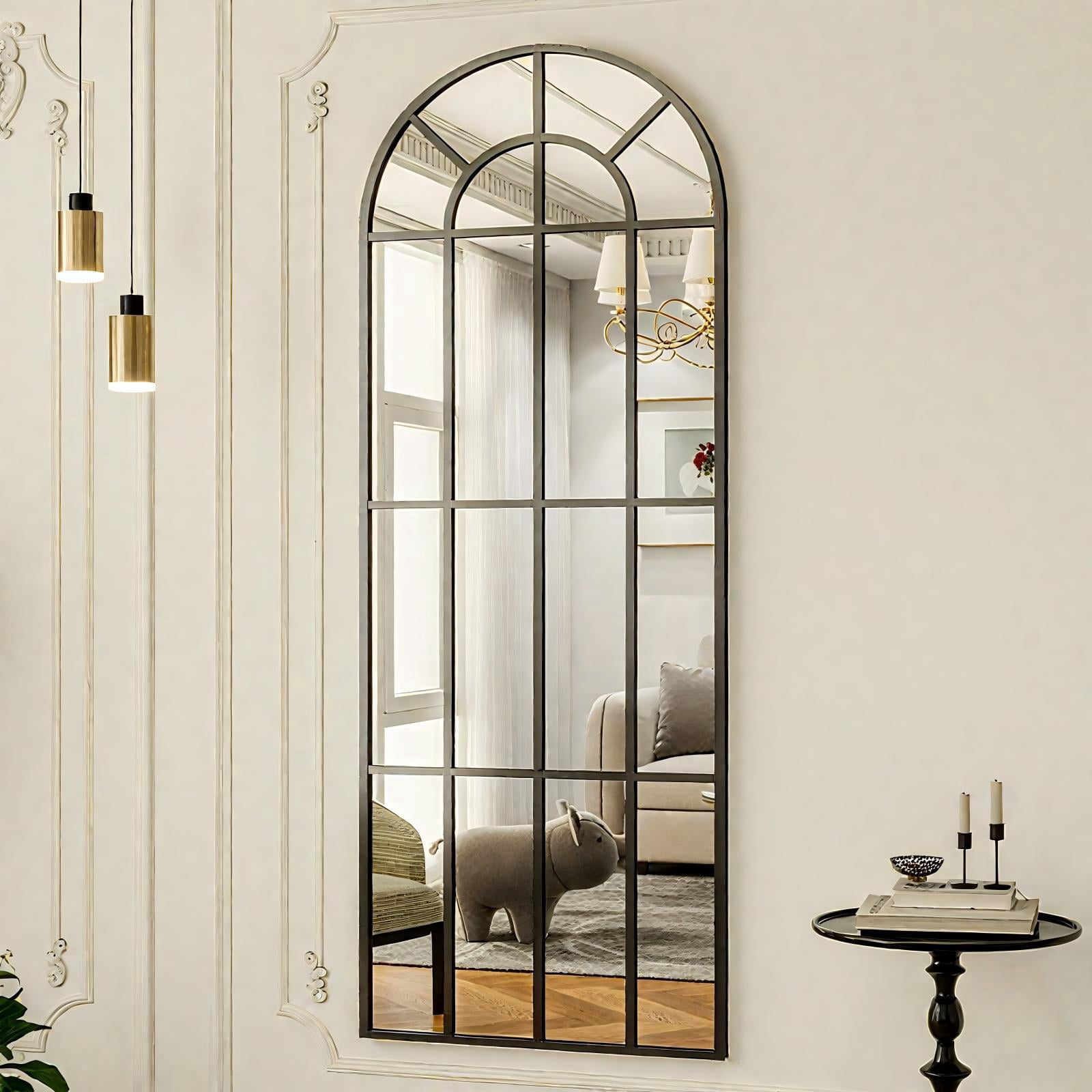 Mirrasia 25"x69" Arched Full Length Mirror with Windowpane Wall Mirror,Black