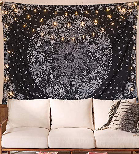 Boho Tapestry Wall Hanging White Floral Retro Tapestry with Dotted Daisy Printed 