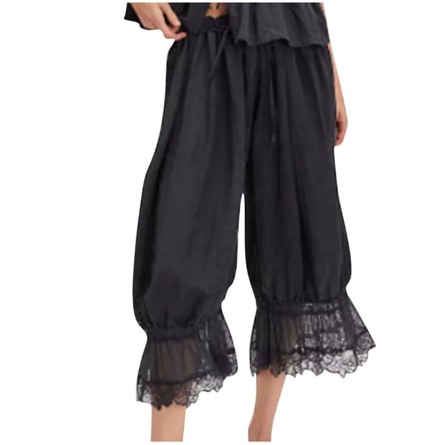 Dealovy Women Long Bloomers Elastic Mid Rise Ruffle Capri Pants Loose Fitted Cropped Pajama Bottoms