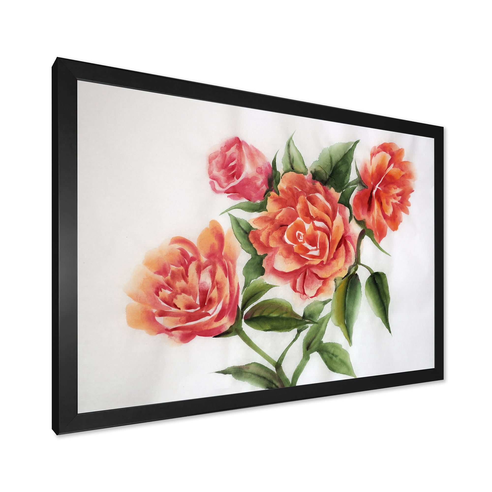 Designart 'Orange VIntage Roses With Green Leaves' Traditional Framed Art Print