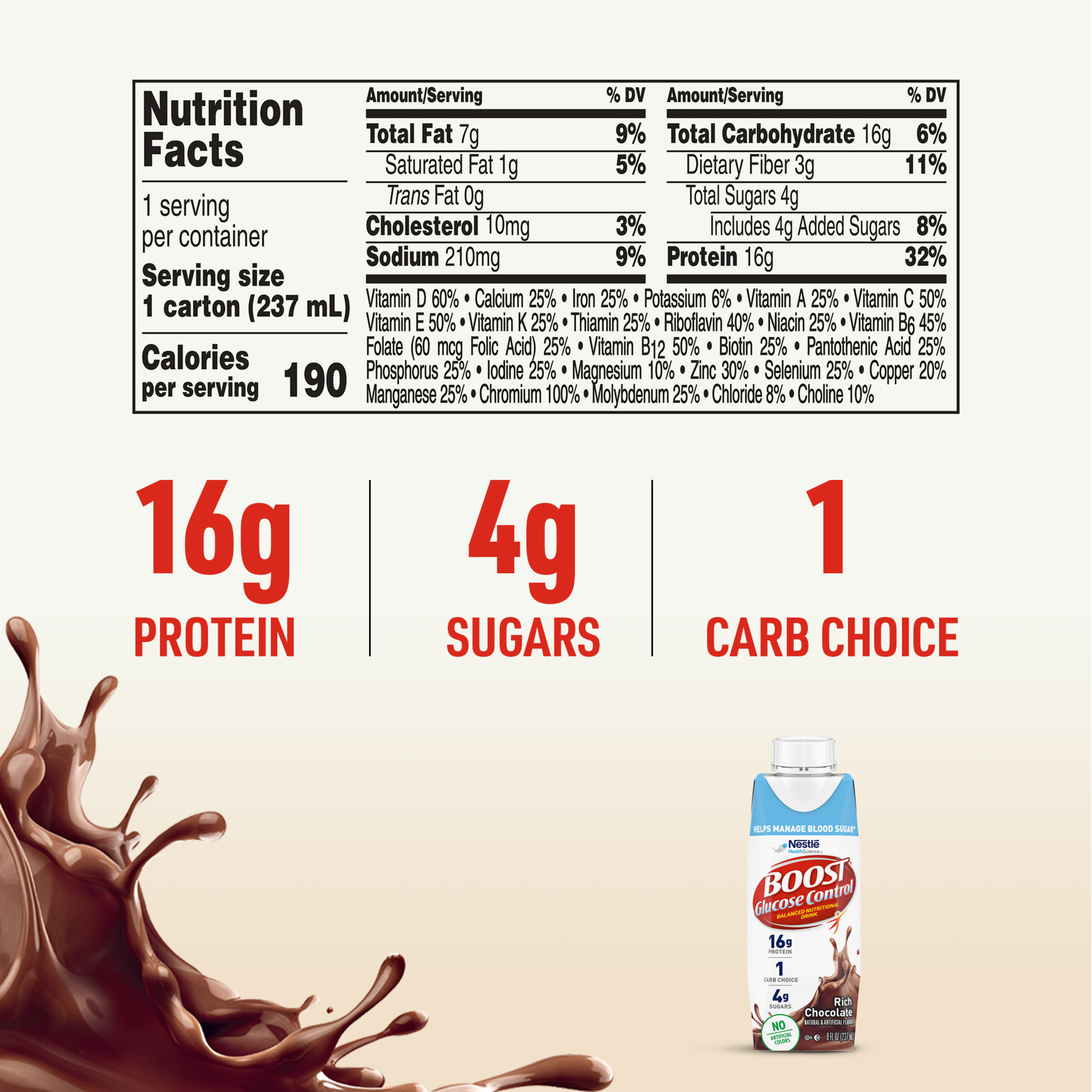 BOOST Glucose Control Nutritional Drink, Rich Chocolate, 16 g Protein, 12 - 8 fl oz Cartons - image 3 of 9