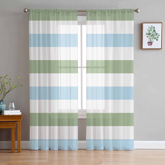 Sage Green Blue Striped Semi Sheer Curtains 63 Inch Length 2 Panels Set, Farmhouse Sage Green Stripes Sheer Kitchen Curtain Privacy Voile Window Curtain for Living Room Bedroom Rod Pocket Drapes