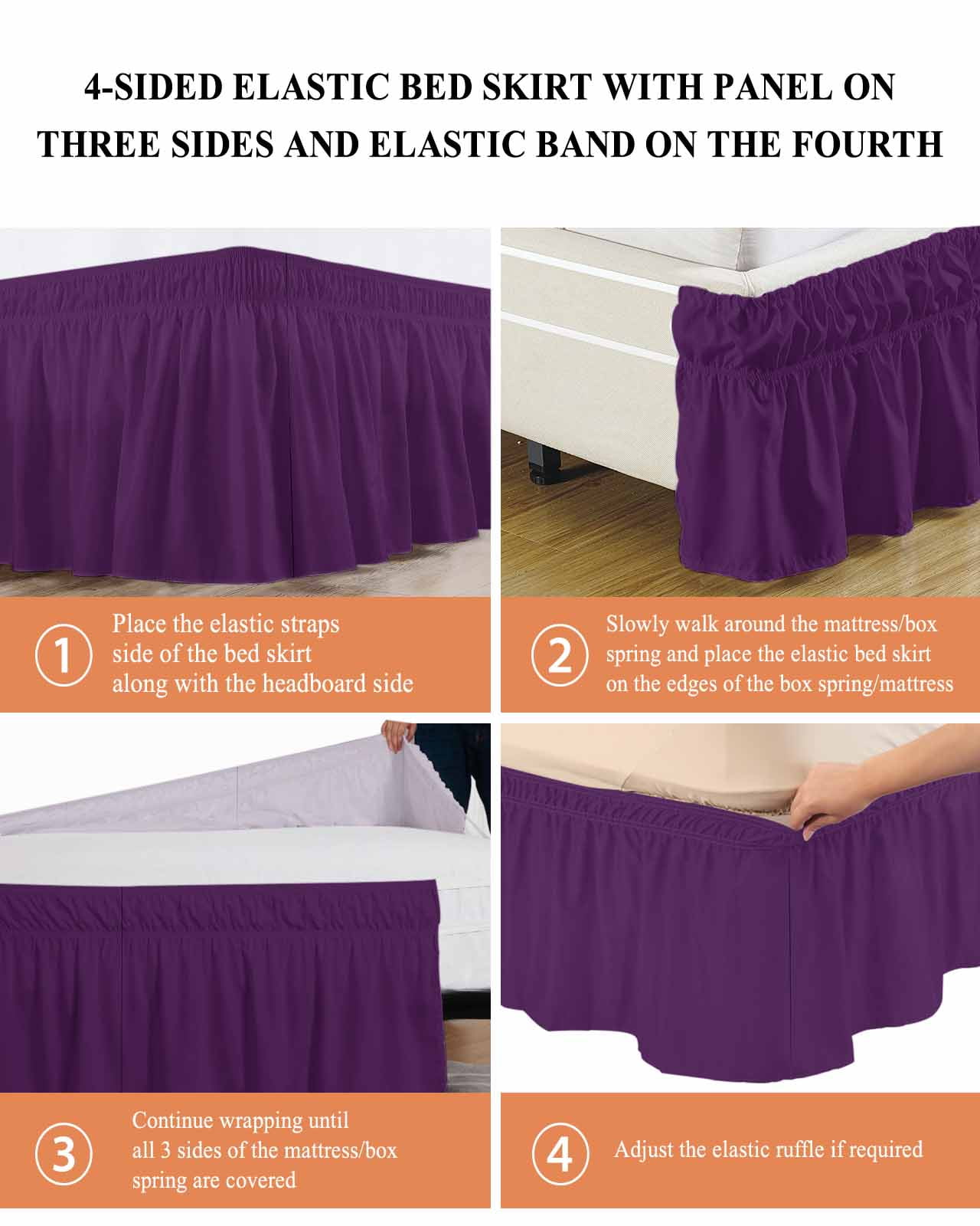 Solid Color Bed Skirt Queen Size 16" Drop Purple Ruffled Wrap Around Bed Skirts Adjustable Elastic Bedskirt Dust Ruffle for Queen Size Bed