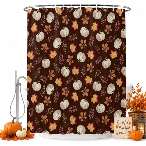 Thanksgiving Shower Curtain, Fall Country Harvest White Pumpkin Red Maple Leaf Brown Waterproof Shower Curtain Set with 12 Hooks Lightweight Bath Curtains Fabric Bathroom Decor 36x72 Inches