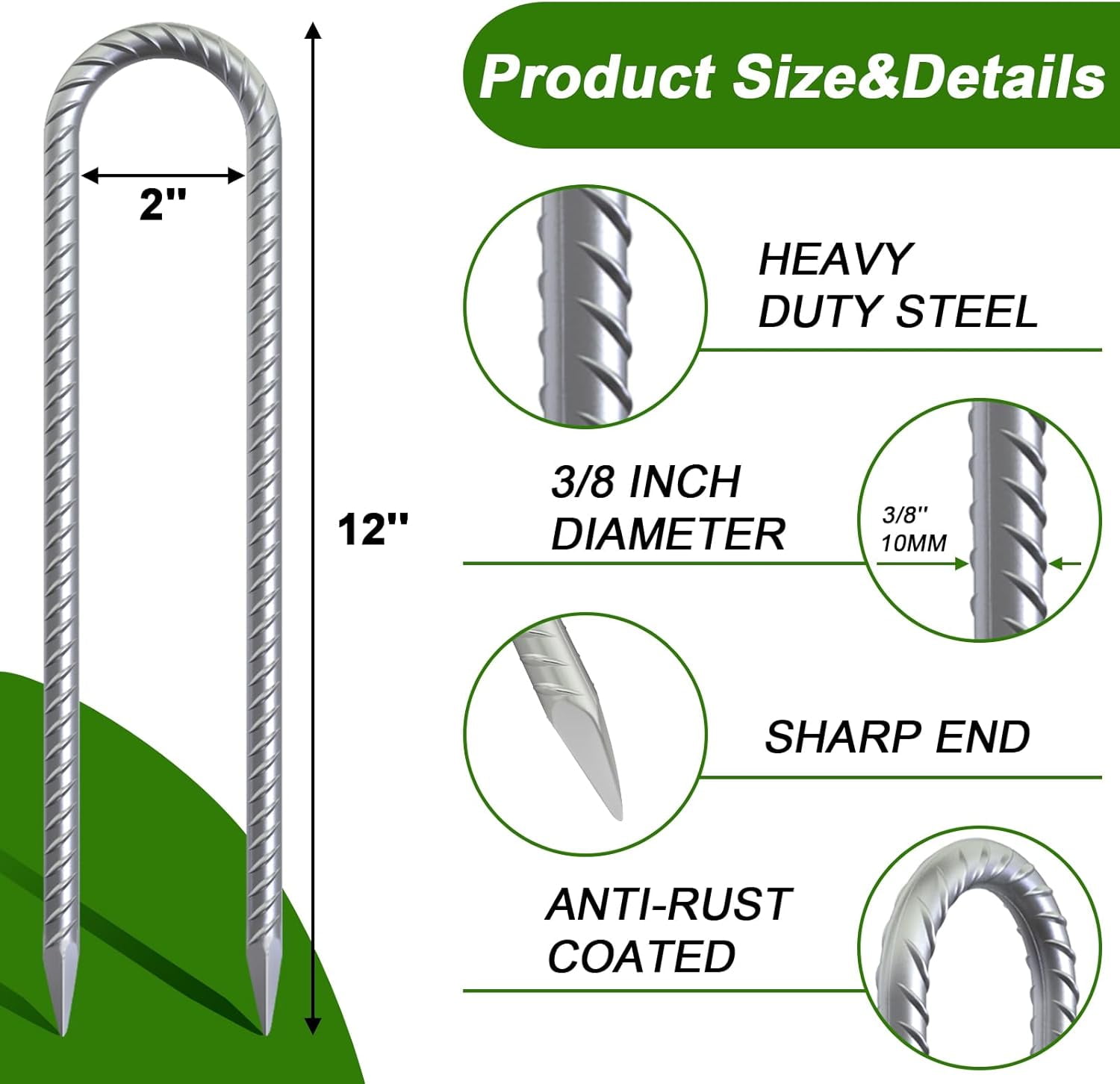 AAGUT 6 Pack 12 Inch Trampoline Stakes U Shaped Rebar Ground Anchors Heavy Duty High Winds Galvanized Steel Trampolines Accessories for Swing Set, Camping, Soccer Goal, Huge Garden Decoration
