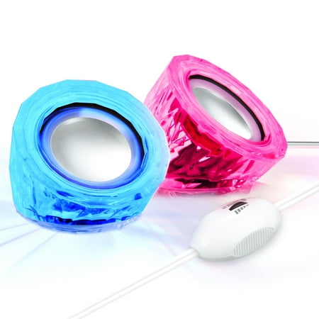 Mini USB Powered Computer Speakers with LED Lights by GOgroove - SonaVERSE LYT Small Wired Laptop Speakers with In-Line Volume Control, Color-Changing Lighting, Clear Acrylic, 3.5mm Audio