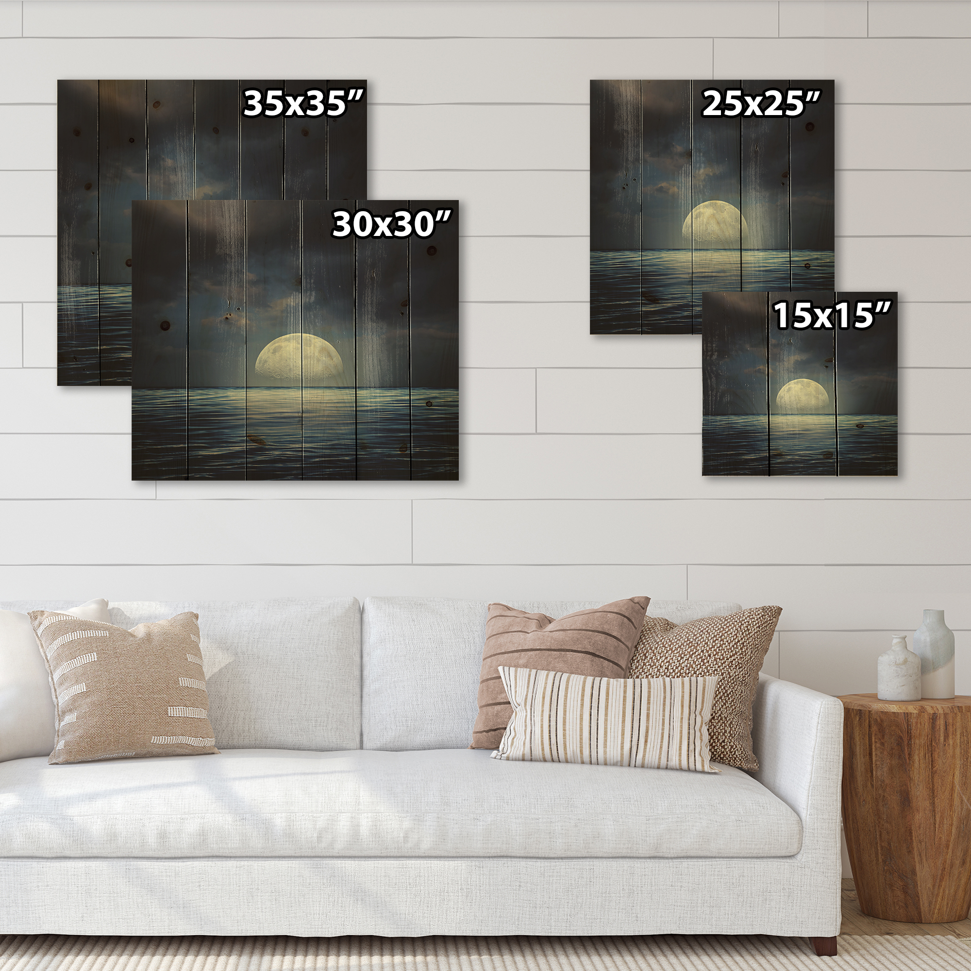 Designart 'Super Moon Over The Blue Sea' Nautical & Coastal Print on Natural Pine Wood