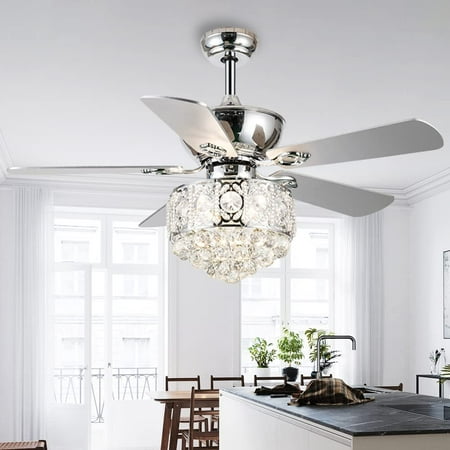 

Crystal Ceiling Fan with Light Home Indoor Quiet Fan Light Reversible Wood Blades Ceiling Fan Chandelier Bedroom Living Room Family Ideal Crystal Fan Light Silver Color 52-Inch