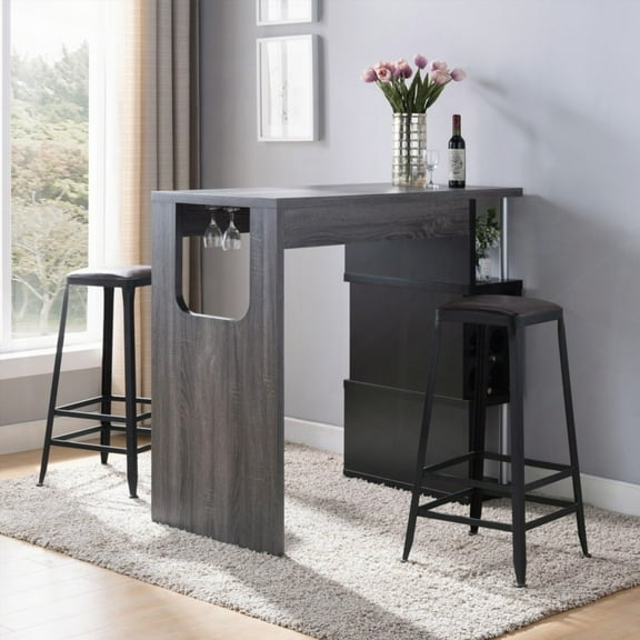 Home Bar Table in Distressed Grey & Black with Three Shelves and Wine Glass Compartment