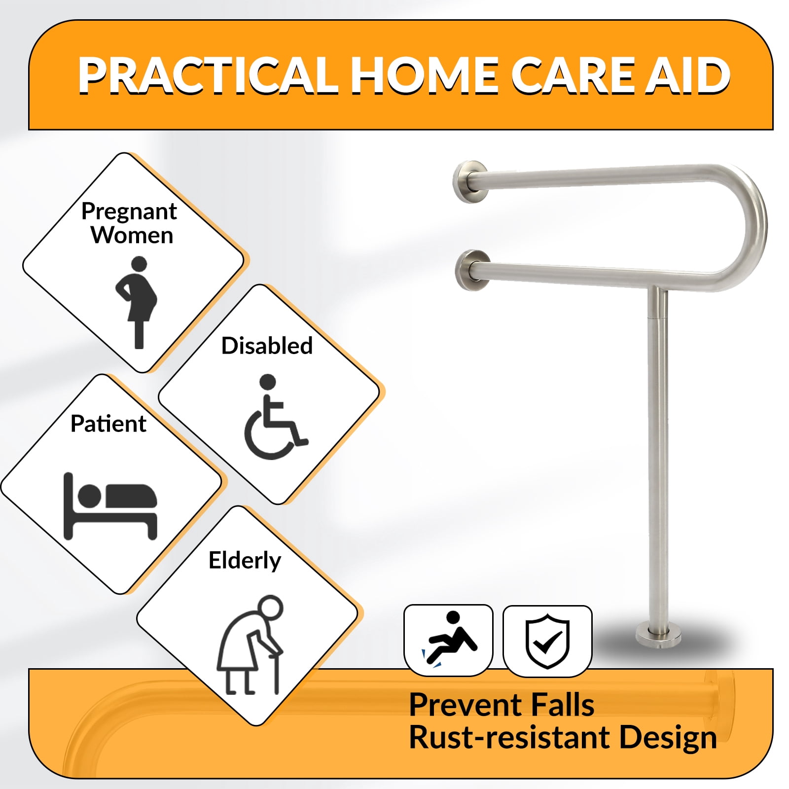 HECASA 24" Grab Bars Toilet Bathtub Handrail 304 Handicap Rails Bathroom Safety Wall Mount Floor Support Assist Bar on Slip Hand Grips for Disabled Elderly Handicapped Pregnant Woman