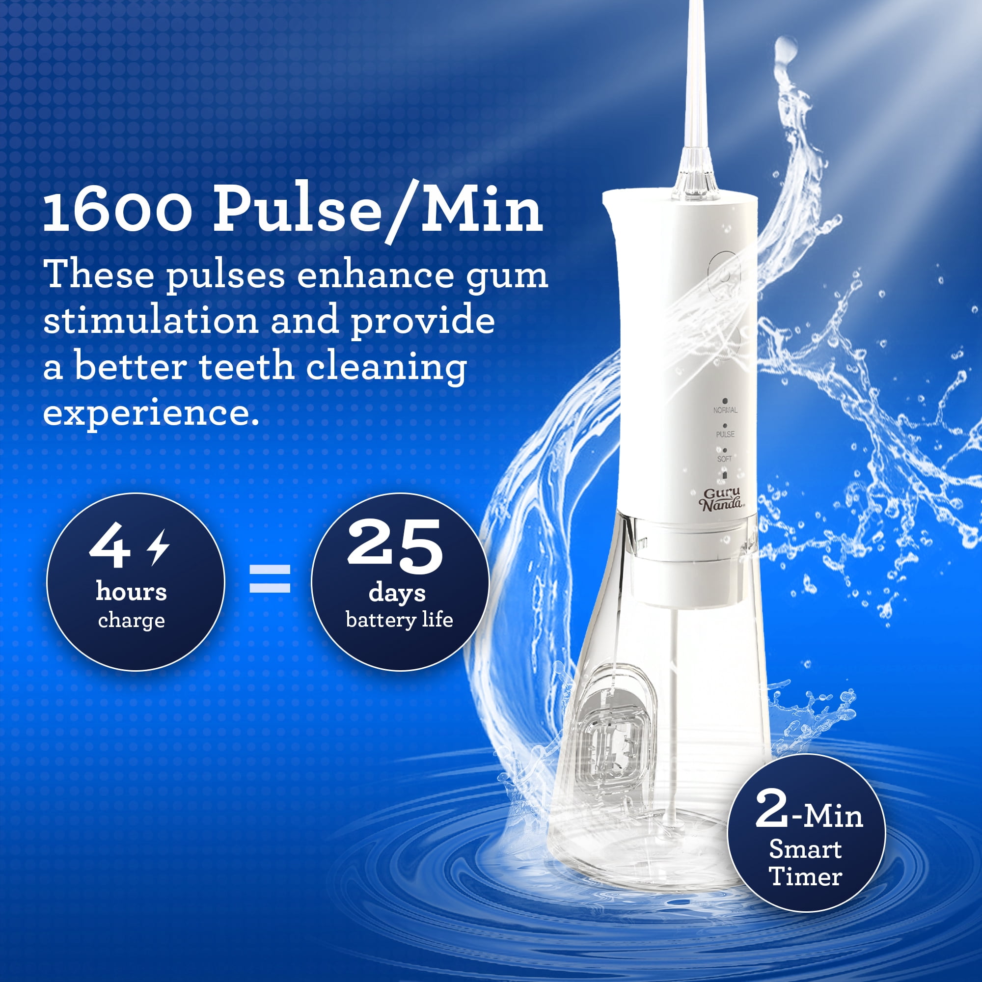 GuruNanda Dental Water Flosser 4.0 with Concentrated Mouthwash Pods - 300mL Tank - White