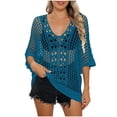 thumbnail image 2 of UPPADA Coverup Beach Dresses Short Sleeve Crochet Beach Coverup Lightweight Summer Knit Tops Loose Hollow Out Crewneck Pullover Tops Blue,Free Size, 2 of 4