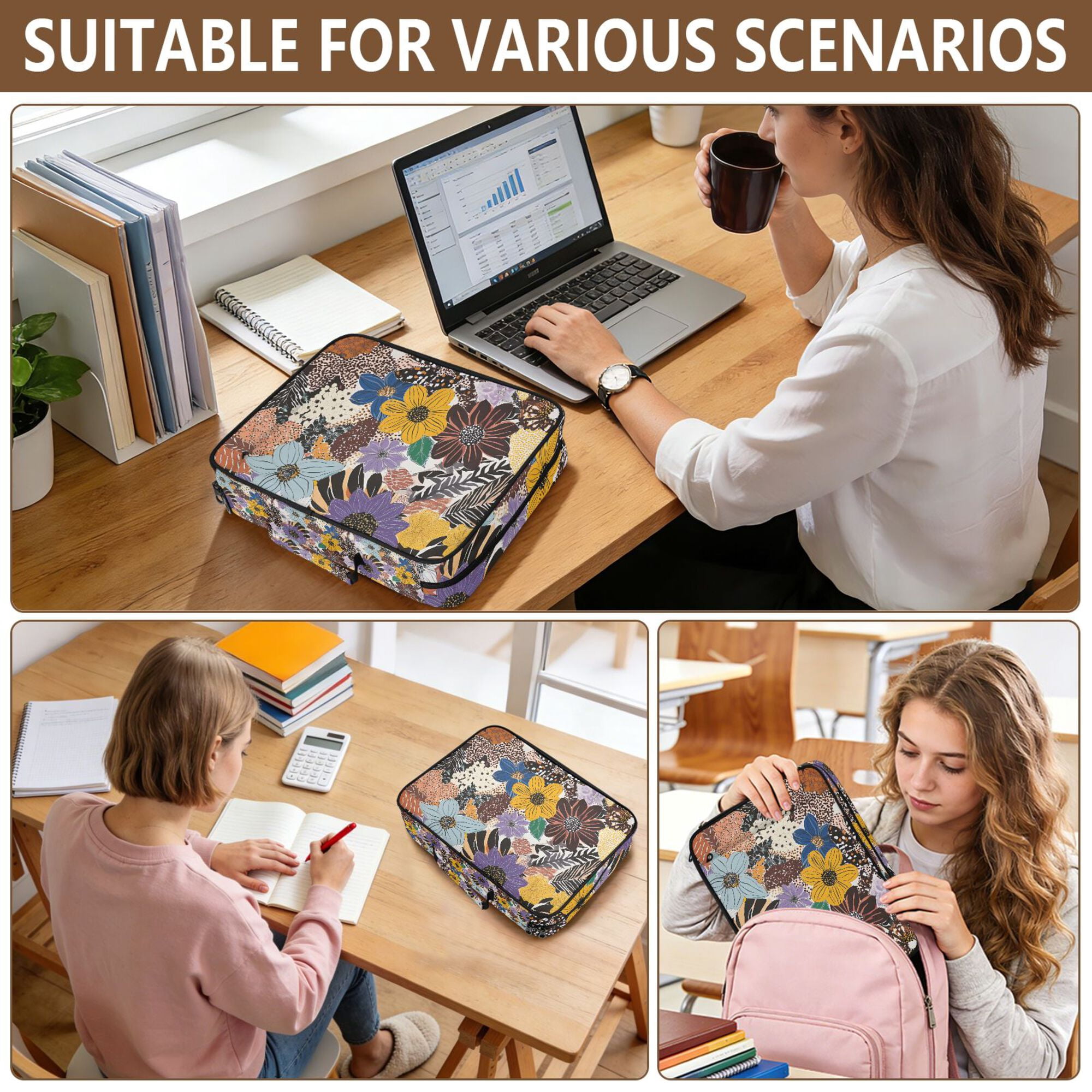 FORMRS Accordion File Folder A4 Size 7-Pocket Expanding Document Organizer Bag with 3 Ring Binder, Colorful Flowers