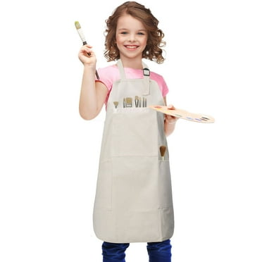 Kids Apron Adjustable Child Apron with 4 Pockets for Baking Painting White