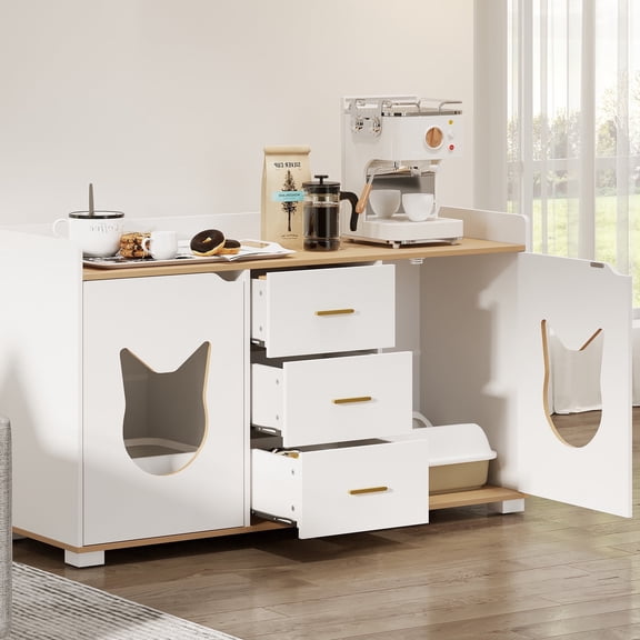 Dextrus Litter Box Furniture with Drawers, Wood Cat Litter Box Enclosure with 2 Rooms, White