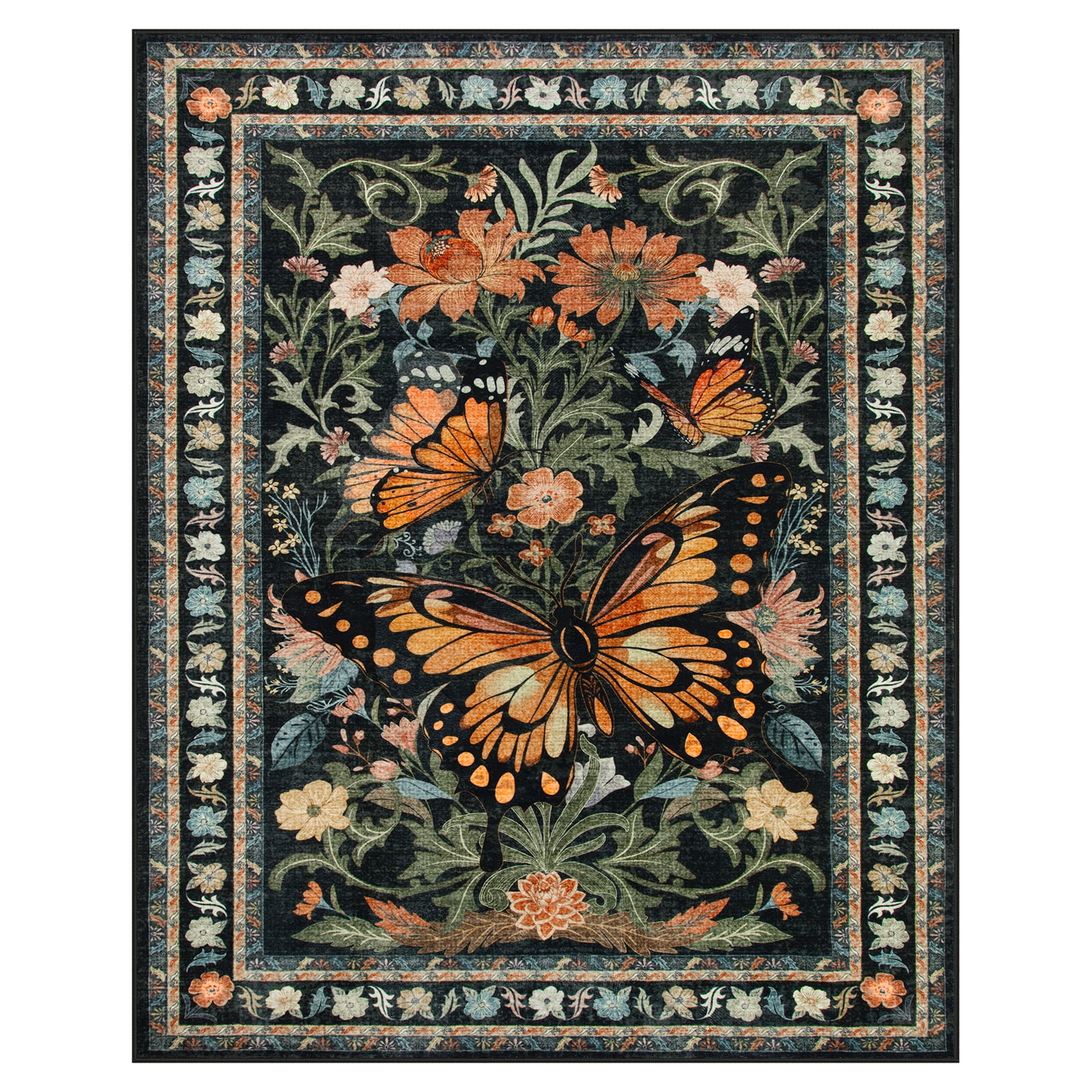 Lahome Decor 8'x10' Butterfly Area Rugs, 8x10ft Large Washable Rugs for Living Room, Non-Slip Bedroom Rugs Stain Resistant Boho Floral Rug Low-Pile Throw Rug for ‎Dining Room Office,Black