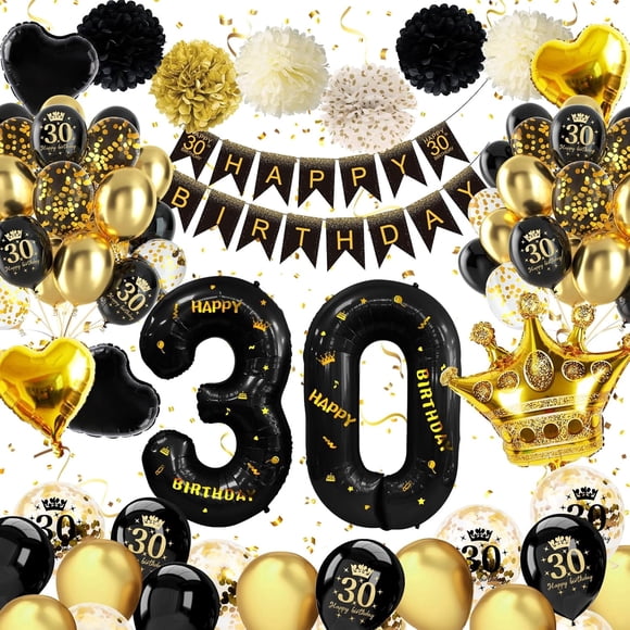 Décorations de 30e Anniversaire Fournitures de Fête, Ballons Noir et Or pour Femmes Hommes avec Bannière, Couronne, Confettis pour Arrière-Plan de 30 Ans