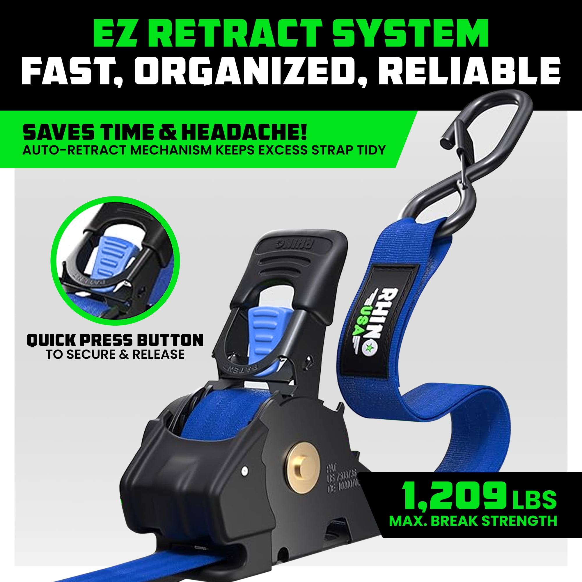 Rhino USA 1" x 10' Retractable Ratchet Straps 1,209lb Break Strength (Blue 2-Pack)