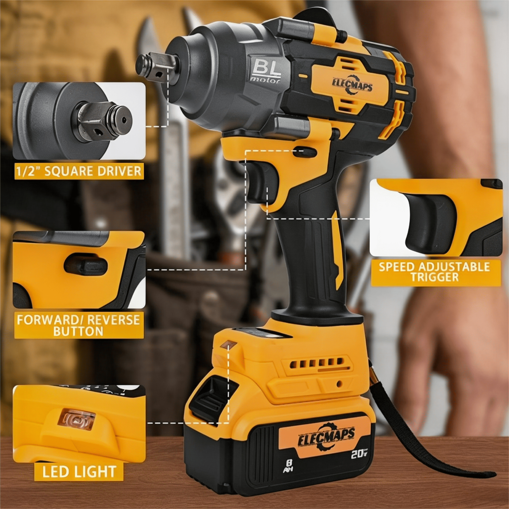ELECMAPS 1/2 Inch Cordless Impact Wrench for DeWalt 20v Battery, 740Ft-lbs (1000N.m) Impact Wrench, High Torque Brushless Electric Impact Gun for Auto Repair, Home Projects & Workshop Use(Tool Only)
