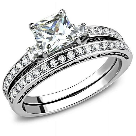 Women High Polished Stainless Steel Ring with AAA Grade CZ in Clear - Size 9