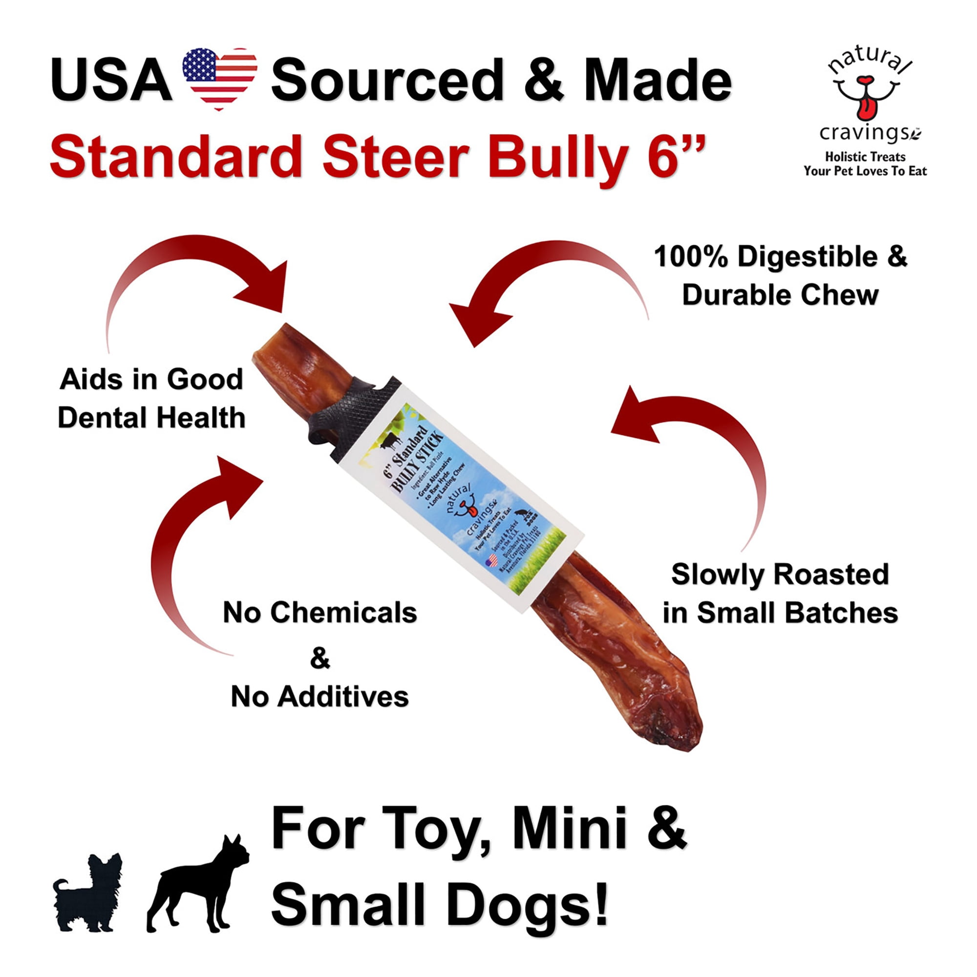 6" Standard Steer Bully Stick Dog Chew Treat, 3 Pack