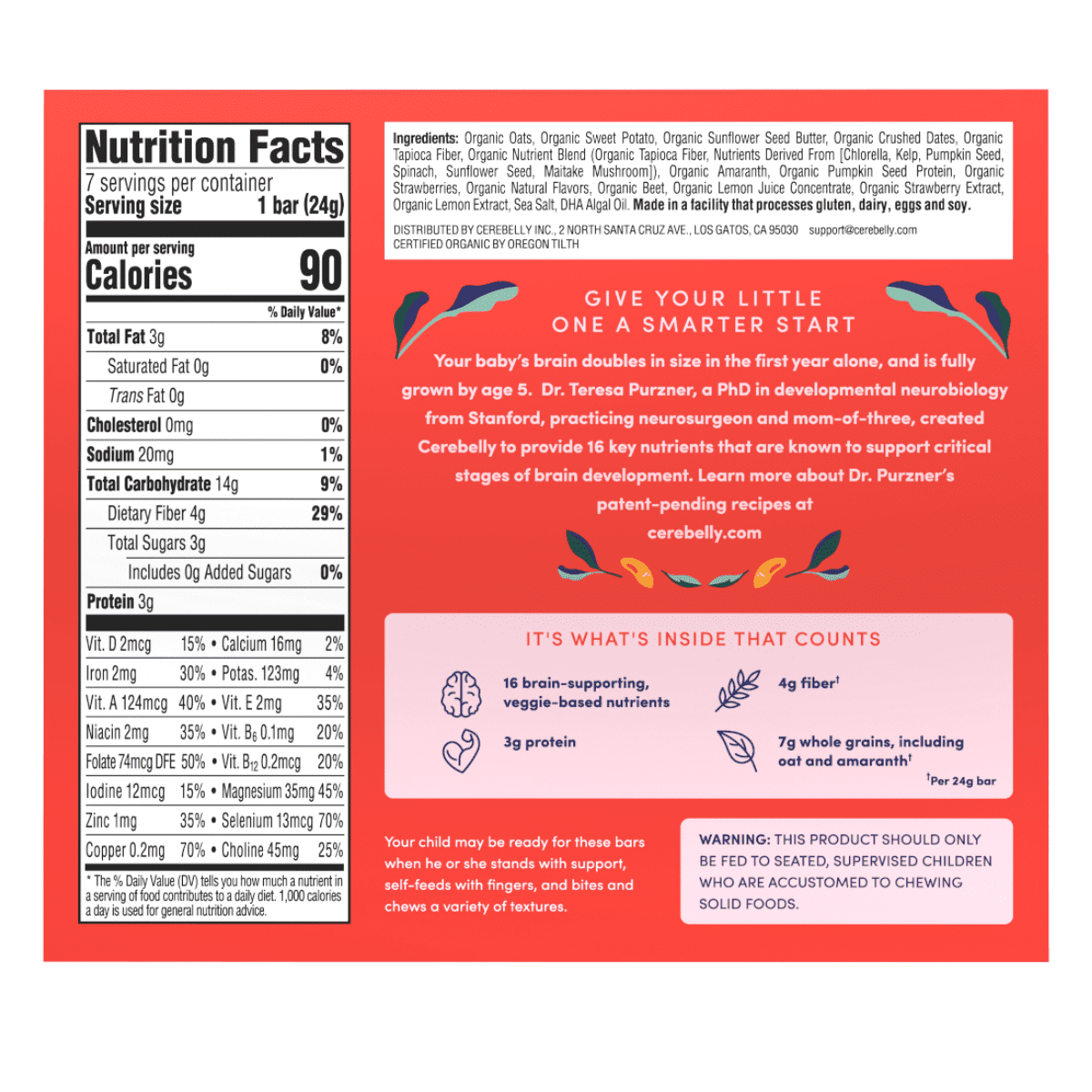 Cerebelly Organic Strawberry Beet Smart Snack Bar for Toddlers, 7 Count