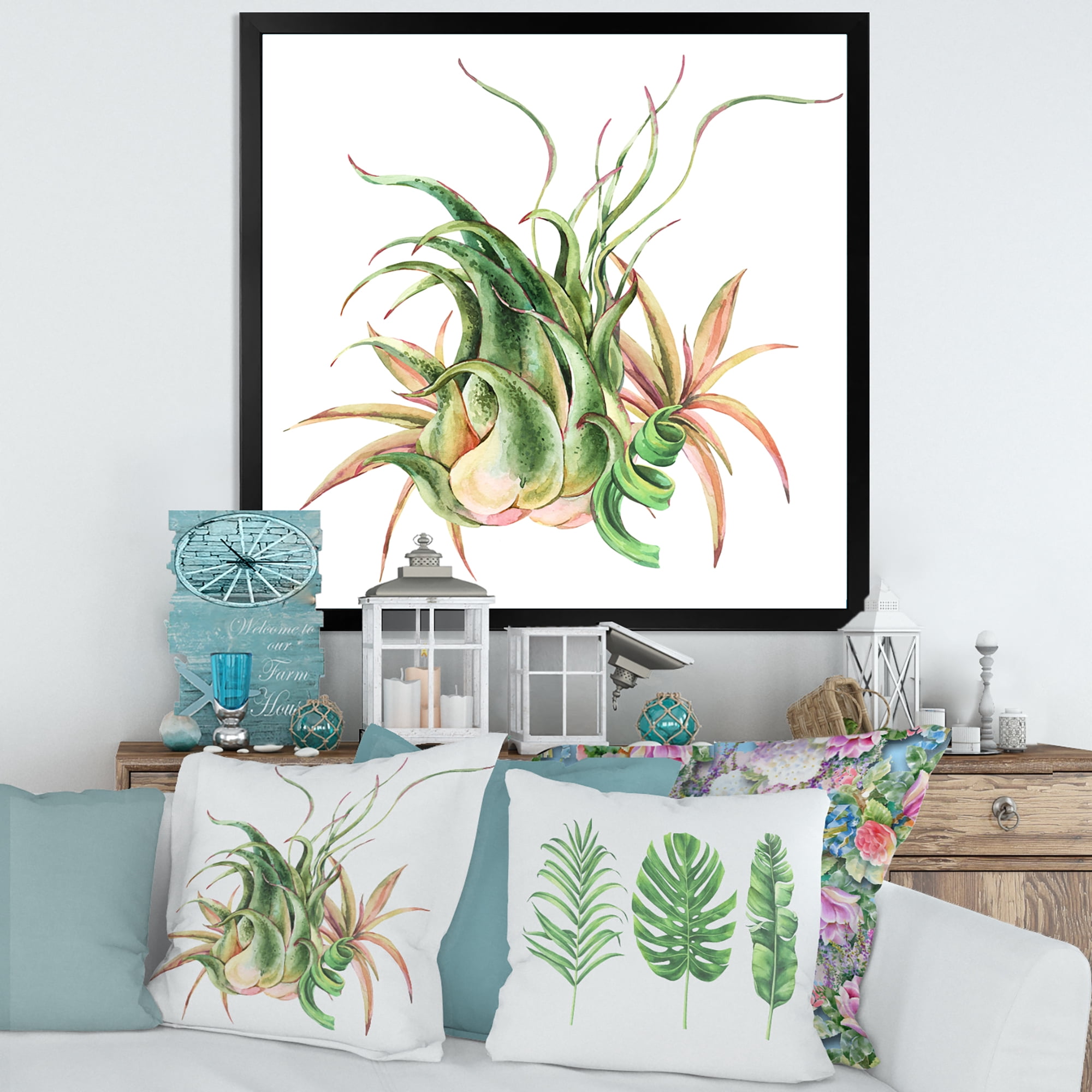 Designart 'Tropical Leaves Air Plant Succulent On White' Farmhouse Framed Art Print