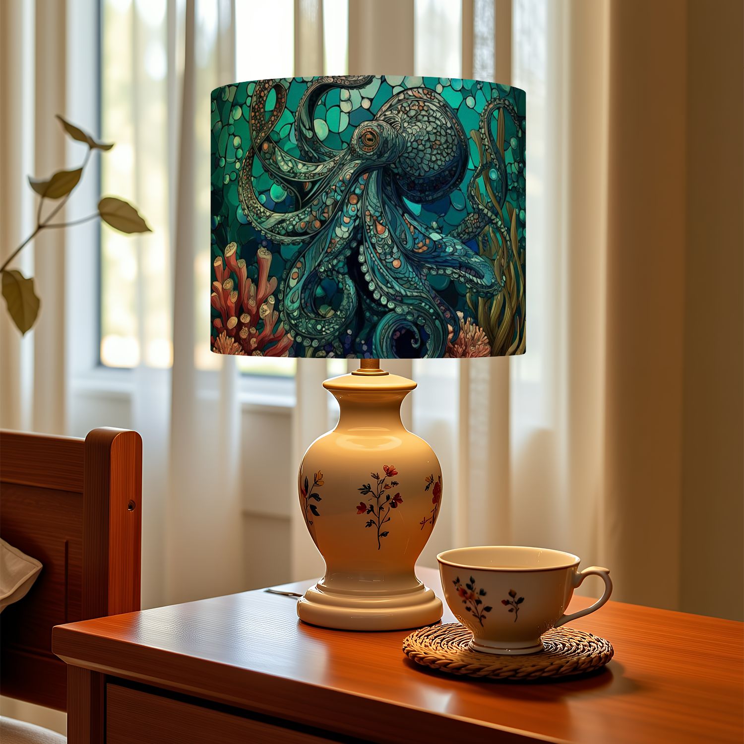 Linen Drum Lampshades Underwater Teal Octopus amidst Coral Reefs Art 13"x13"x10" Light Shade for Table Lamps Floor Lamps Drum Lamp Shades Lampshade Replacement Assembly Required