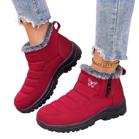 EKVAHL Women's Winter Snow Booties, Non‑Slip Lug Sole Ankle Boots, Faux Fur Lined Warm Snow Shoes for Cold Days City Walking Red