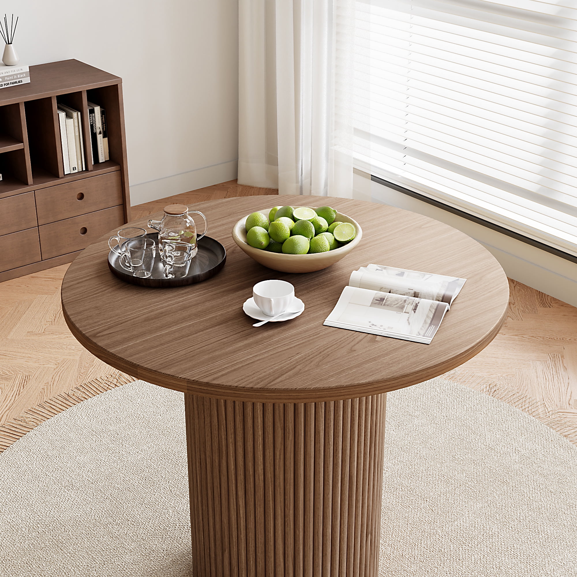 Rophefx 35.4" Solid Wood Round Dining Table with Handcrafted Relief Pedestal,Circle Dining Table,Walnut