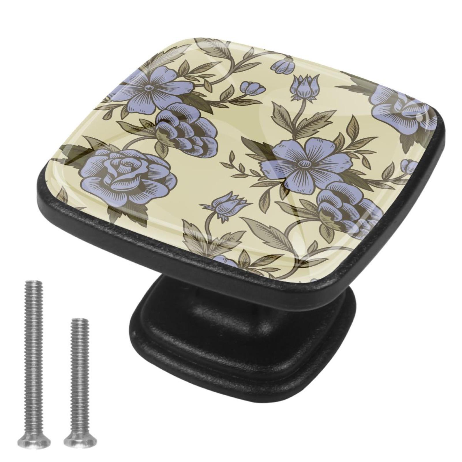 4 Pcs Handle Drawer Pulls Purple Floral Knobs with Screws Square Furniture Office