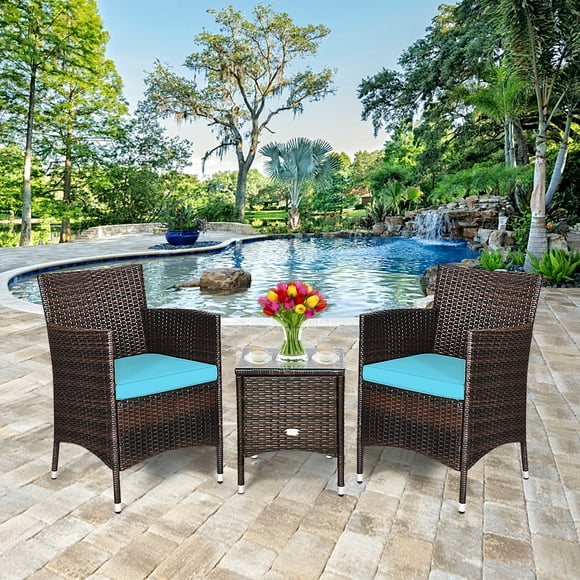 Gymax 3PCS Patio Outdoor Rattan Furniture Set w/ Cushioned Chairs Coffee Table