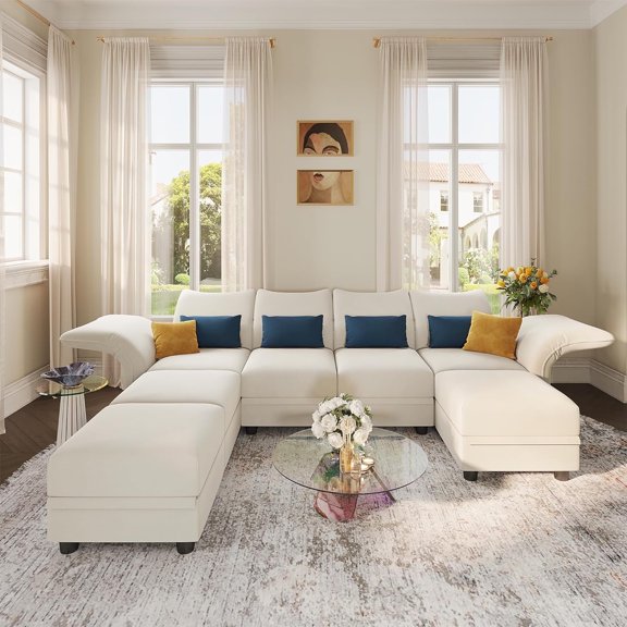 LLappuil 128" Modular Sectional Sofa, 6 Seat Modular Sectional Sofa with 3 Storage Ottoman, 25.6“ Seat Deep Sofa White