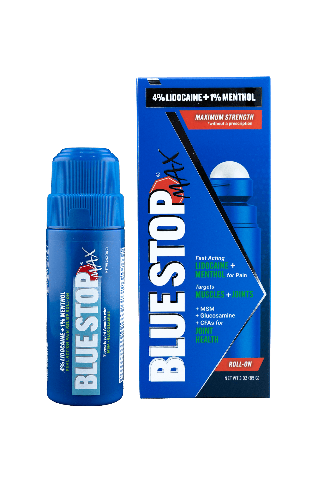 (3 pack) Blue Stop Max Roll-on with 4% Lidocaine + 1% Menthol, for Pain Relief in Muscles, Joints and Nerves, 3 oz