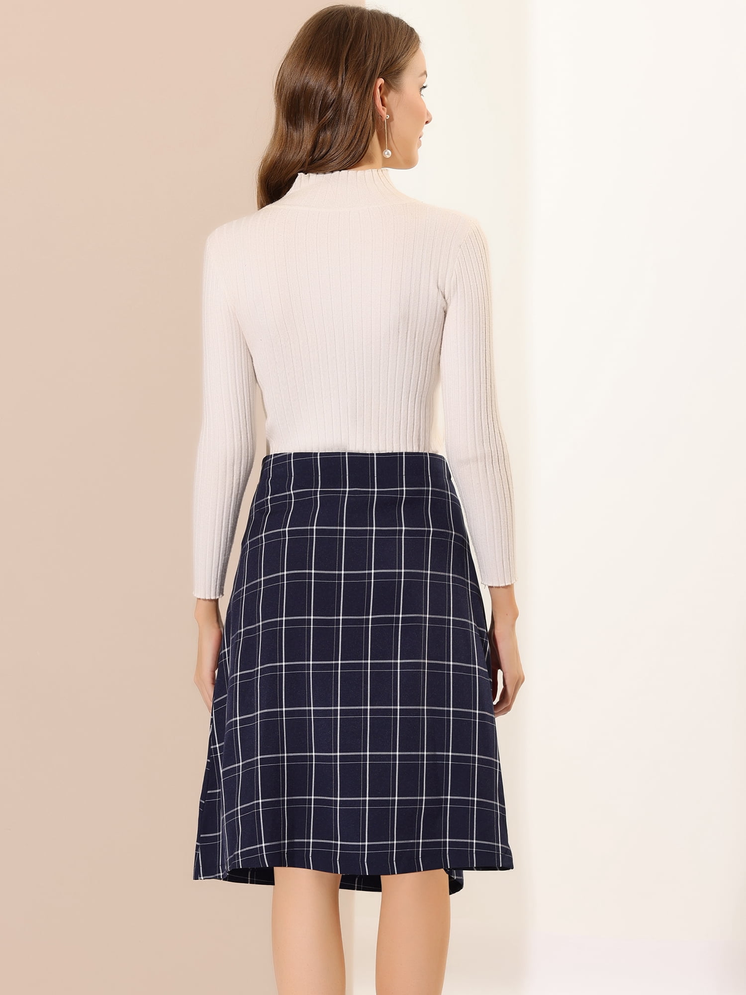 Unique Bargains Women's Plaid Vintage Wrap Button Front Knee Length High Waist Skirt XL Blue