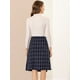 thumbnail image 5 of INSPIRE CHIC Falda de cintura alta a media pierna delantera con botones envolventes de imitación vintage a cuadros para mujer Azul S, 5 of 6
