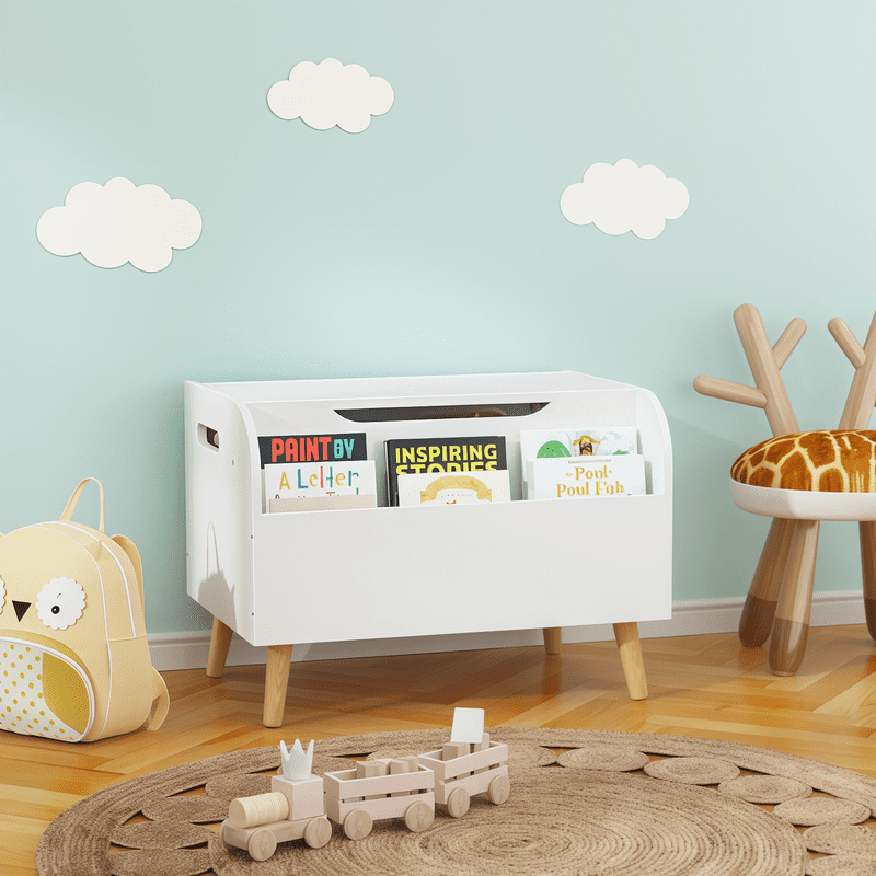 Gundir Wooden Toy Box, Kids Toy Storage Organizer with Front Bookshelf, Flip-Top Lid, Safety Hinge, Boys Girls Toy Chest Bench for Playroom Kids Room Organization, White