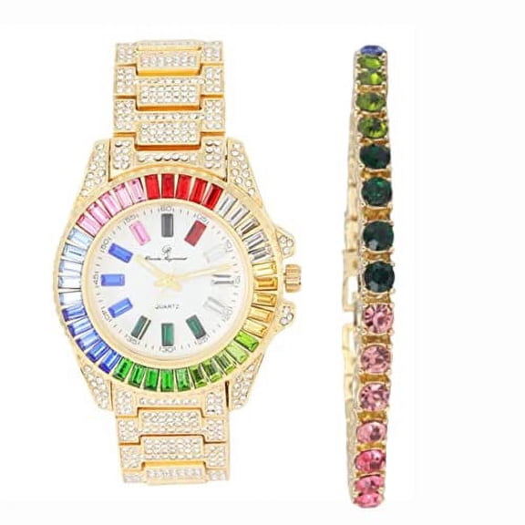 Women's Baguette Cut Iced Out Diamond Watch - Drop it Down with This Bling'ed Out Crystal Tennis Bracelet on Your Wrist Ladies! - ST10372MLA-TB (ST10372MLAMC Metal Gold Rainbow- TB)