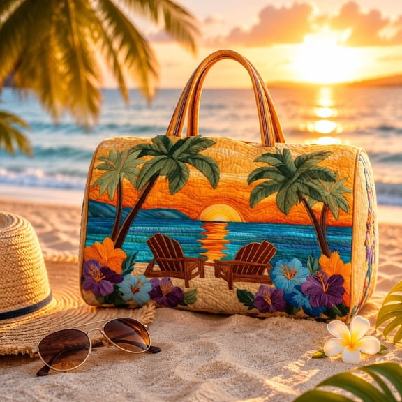 Quilted Embroidered Travel Duffel Bag 16x8x8 Inch, Compact Overnight Bag with Padded Handles, Gym Yoga Tote, Vacation Carry-On Bag