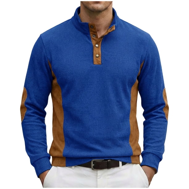 Tops de Verano de Manga Larga para Hombres Cuello de Pie Color Bloque Botón Abajo Camisa, Tops de Manga Larga Patchwork Blusa Casual con Ajuste Relajado, Chaqueta de Moda Ligera