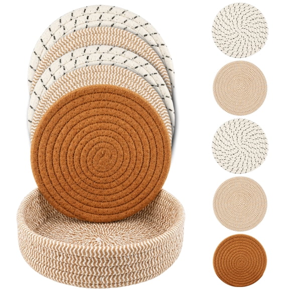 INCTUO Trivets for Hot Dishes, Pots and Pans, Hot Pads with Storage Basket, Pot Holders for Kitchen, Heat Resistant Mat Protect Counter Home Essentials, Farmhouse Decor (Mix Brown 5 PCS)