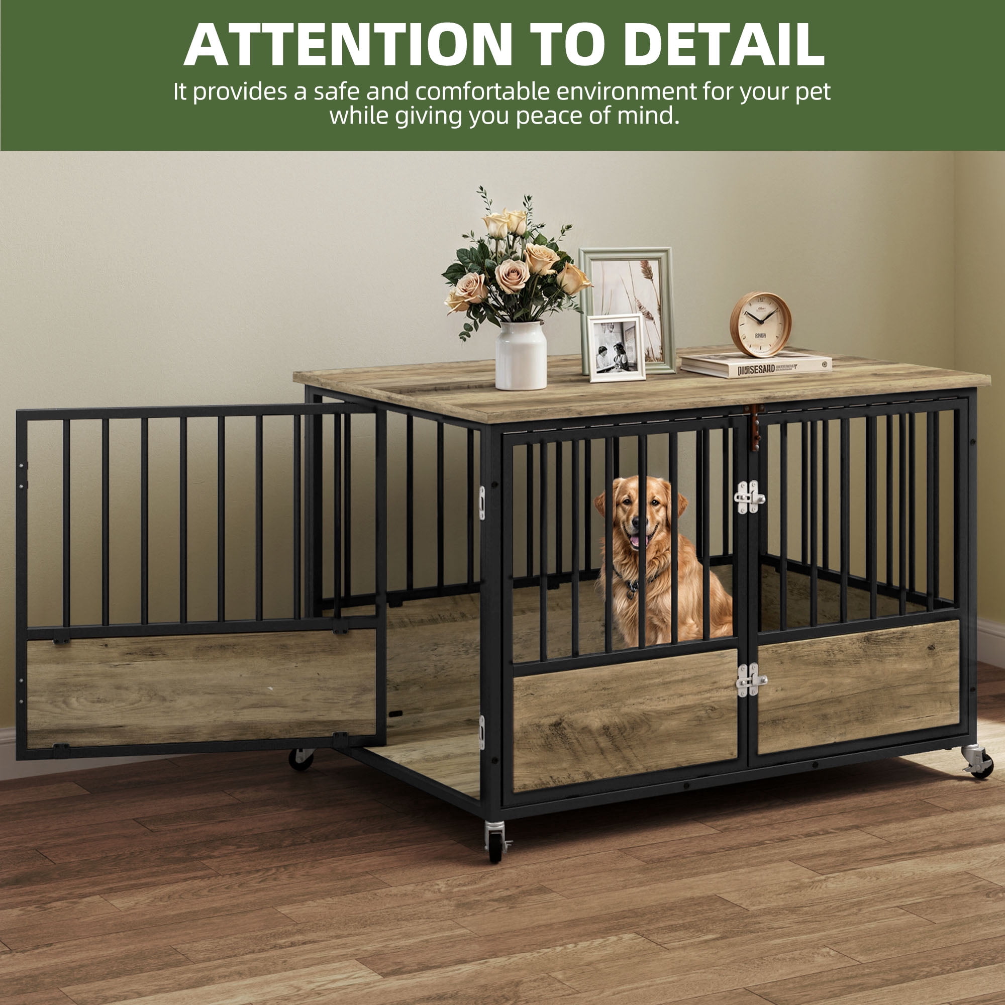 Uforic 43.3" Dog Crate Furniture with Wheels, Heavy Duty Double-Door Kennel for Medium/Large Dogs, Chew-Resistant Wooden End Table & Pet Cage