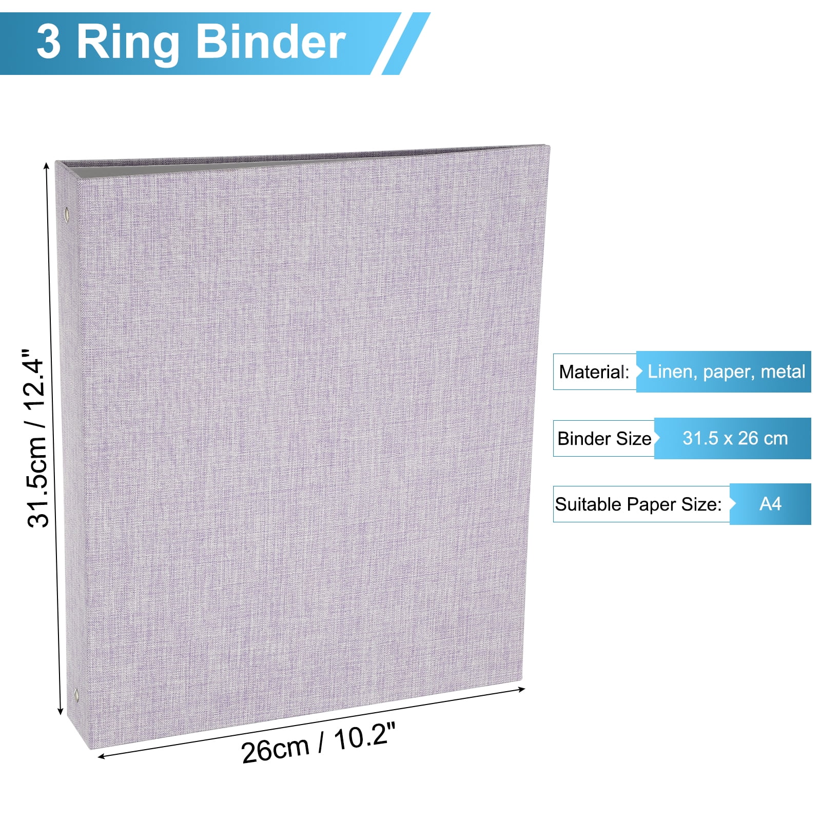 Uxcell 3 Ring Binder, A4 Size Flexible Round Binder Big Capacity Linen Planner Binder for Business Home Classroom, Light Purple